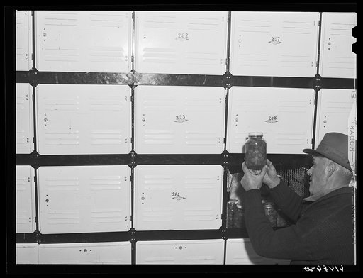 Farmer getting berries out of cold storage locker. Hillsboro, North Dakota