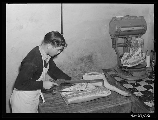 Cutting meats before freezing. Co-op cold storage lockers. Casselton, North Dakota