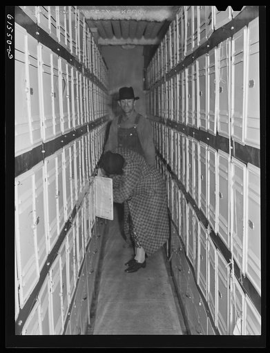 Untitled photo, possibly related to: Getting meats out of cold storage locker. Hillsboro, North Dakota