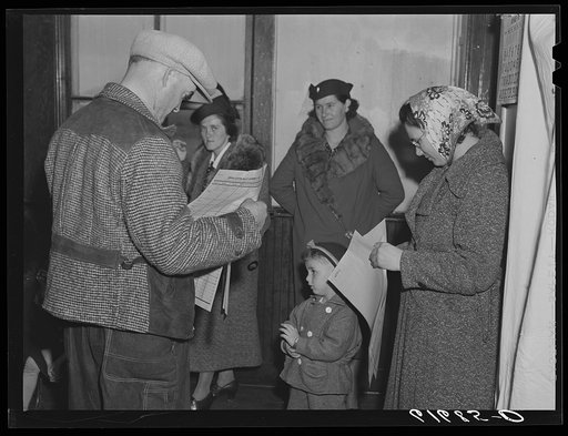 Untitled photo, possibly related to: Waiting to vote. Presidential election, November 1940. McIntosh County, North Dakota