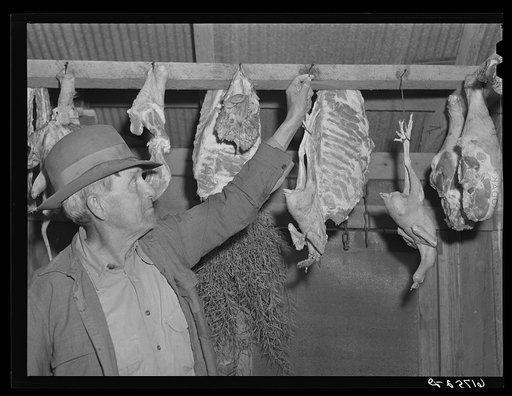Meat in store shed of Ozark farm. Oregon County, Missouri