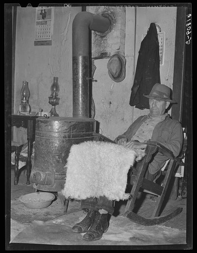 H.C. Richardson, Ozark farmer, with goat skin which has been bleached and washed. He sells these in town, three dollars. Oregon County, Missouri