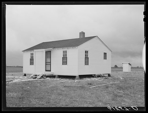 One of the scattered labor homes built by FSA (Farm Security Administration) at a cost of five hundred dollars. New Madrid County, Missouri