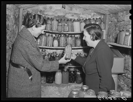 Home supervisor examining canned goods of rehabilitation borrower in food storage cave. Labette County, Kansas