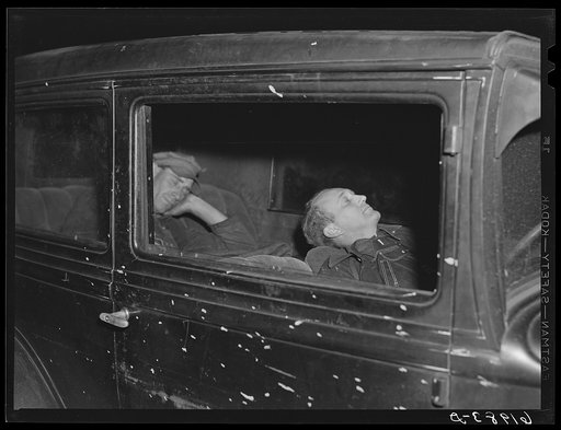 Two workers from Lynchburg, Virginia, who arrived in town today, sleeping in their car. Tomorrow they will go to work, and get a place to live when they have time to find it. A steamfitter and a carpenter's assistant. Radford, Virginia