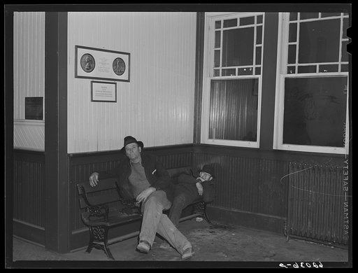 Untitled photo, possibly related to: Boys from out of town who have come to Radford, Virginia for work at powder plant. Unable to rent a room their first night in town they are spending it in the railroad station
