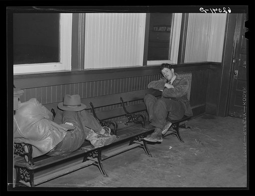 Untitled photo, possibly related to: Boys from out of town who have come to Radford, Virginia for work at powder plant. Unable to rent a room their first night in town they are spending it in the railroad station