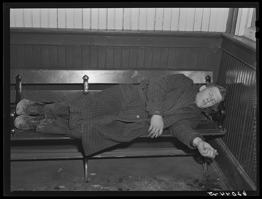 Untitled photo, possibly related to: Boys from out of town who have come to Radford, Virginia for work at powder plant. Unable to rent a room their first night in town they are spending it in the railroad station