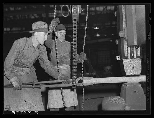 Using 2000 pound steam hammer on jar rein for drilling equipment. Keystone Drilling Company, Beaver Falls, Pennsylvania