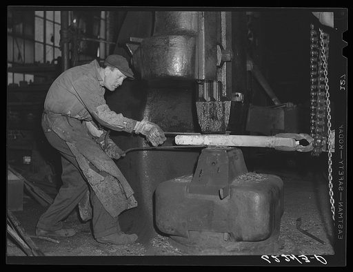 Using a 2000 pound steam hammer on jar rein for drilling equipment. Keystone Drilling Company, Beaver Falls, Pennsylvania