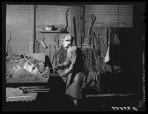 Hand forging on light fire. Keystone Drilling Company, Beaver Falls, Pennsylvania