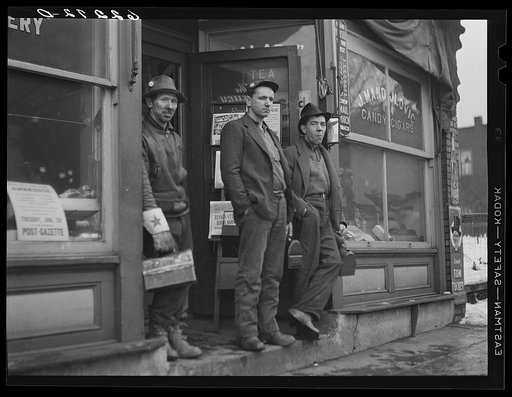 Employees of American Bridge Company (United States Steel) waiting for bus. Ambridge, Pennsylvania