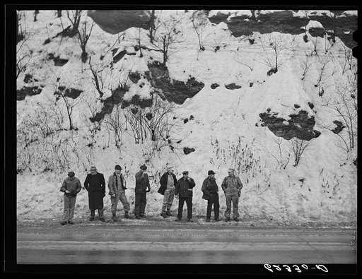 Railroad workers waiting for bus. Conway, Pennsylvania