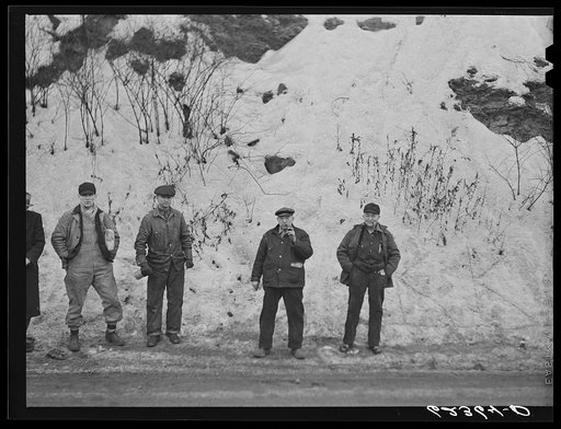 Untitled photo, possibly related to: Railroad workers waiting for bus. Conway, Pennsylvania