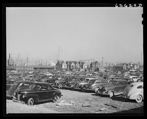 Parked cars belonging to shipyard employees. Newport News, Virginia