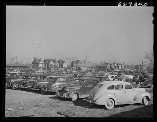 Untitled photo, possibly related to: Parked cars belonging to shipyard employees. Newport News, Virginia