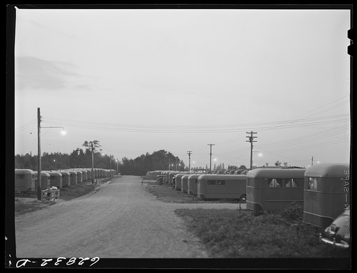 Night view showing street lighting system. FSA (Farm Security Administration) trailer camp, Erie, Pennsylvania