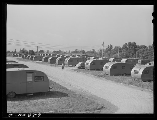 Untitled photo, possibly related to: FSA (Farm Security Administration) trailer camp for defense workers, situated a quarter mile from General Electric plant in Erie, Pennsylvania. There are 200 trailers here, occupied by childless couples and by families of one or two children