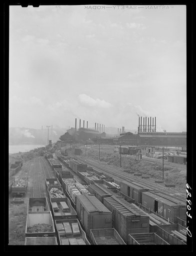 Untitled photo, possibly related to: Railroad cars at Jones Laughlin steel works. Pittsburgh, Pennsylvania
