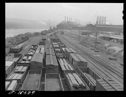 Railroad cars at Jones Laughlin steel works. Pittsburgh, Pennsylvania