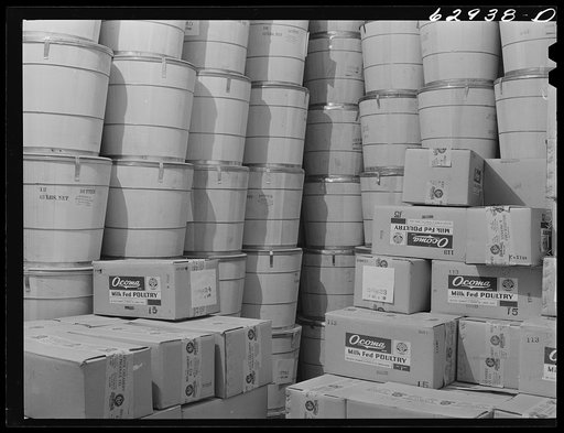 Butter and poultry in cold storage at Fulton Market cold storage plant. Chicago, Illinois