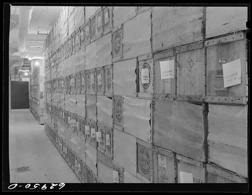 Untitled photo, possibly related to: Boxed poultry in storage at twenty-four degrees below zero. Fulton Market cold storage plant, Chicago, Illinois