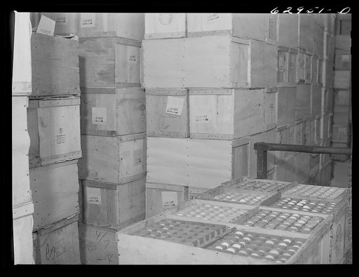 Untitled photo, possibly related to: Eggs in storage at Fulton Market cold storage plant. Chicago, Illinois