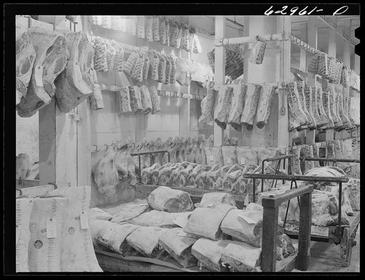 Meat in cold storage. Davidson Meat Company, suppliers of hotels, restaurants, etc. Chicago, Illinois