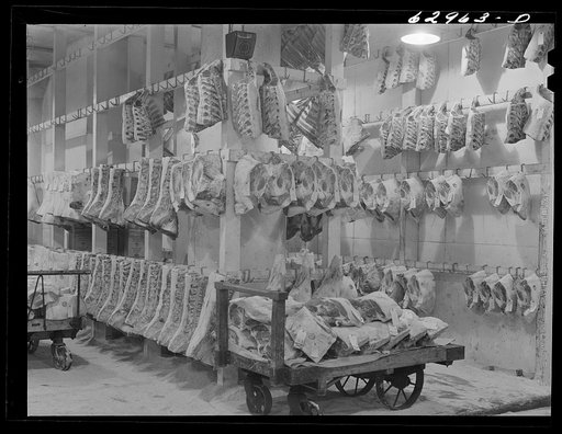Meat in cold storage. Davidson Meat Company, suppliers of hotels, restaurants, etc. Chicago, Illinois