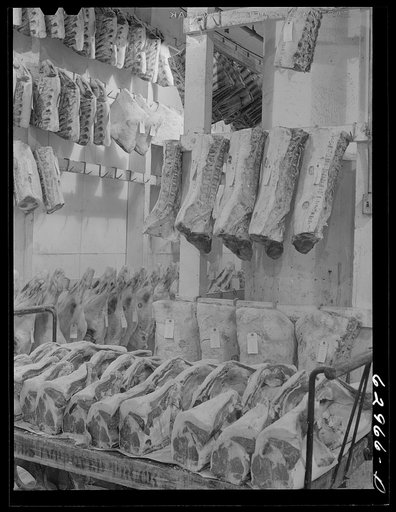 Untitled photo, possibly related to: Meat in cold storage. Davidson Meat Company, suppliers of hotels, restaurants, etc. Chicago, Illinois