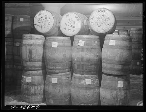 Tierces of pickled hams in storage at Fulton Market cold storage plant. Chicago, Illinois