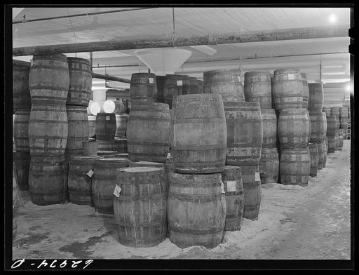 Tierces of pickled hams in storage at Fulton Market cold storage plant. Chicago, Illinois