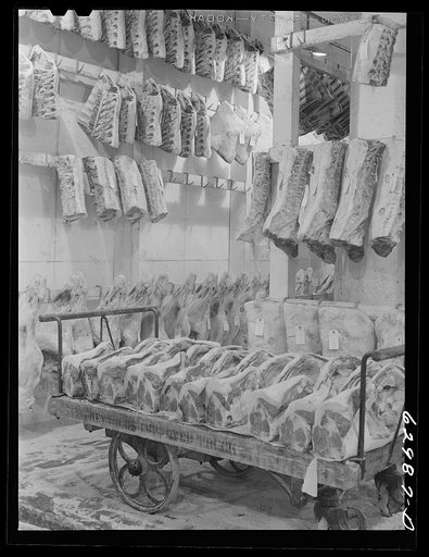 Meat in cold storage at Davidson Meat Company, suppliers of hotels, restaurants, etc. Chicago, Illinois