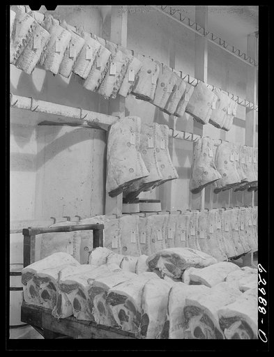 Untitled photo, possibly related to: Meat in cold storage at Davidson Meat Company, suppliers of hotels, restaurants, etc. Chicago, Illinois