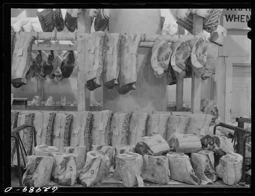 Meat in cold storage at Davidson Meat Company, suppliers of hotels, restaurants, etc. Chicago, Illinois