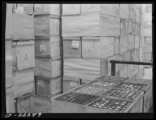 Eggs in storage at Fulton Market cold storage plant. Chicago, Illinois