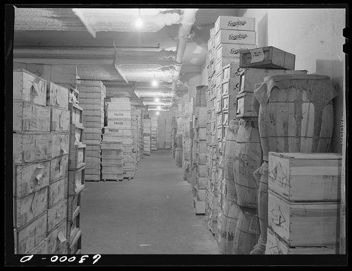 Boxed poultry in storage at twenty-four degrees below zero. Fulton Market cold storage plant, Chicago, Illinois