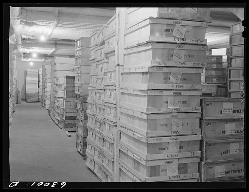 Boxed poultry in storage at twenty-four degrees below zero. Fulton Market cold storage plant, Chicago, Illinois