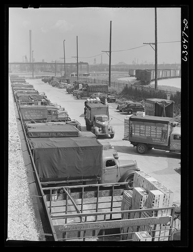 Trucks of commission merchants lined up outside fruit terminal to haul produce market what has been bought at auction. Chicago, Illinois