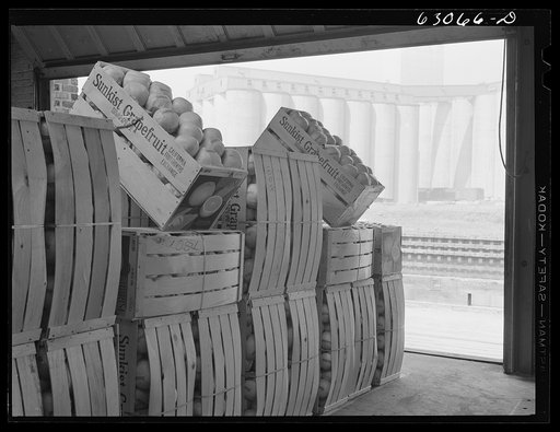 Untitled photo, possibly related to: Commission merchants truck loaded at fruit terminal warehouse. Chicago, Illinois