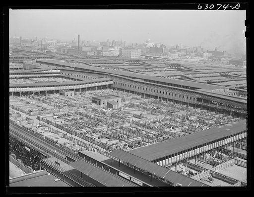 Union Stockyards, Chicago, Illinois. Cattle pens in foreground, hog pens in back