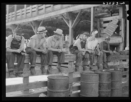 Stockyard workers at lunchtime. Chicago, Illinois
