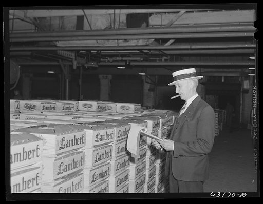 Commission merchant examining produce at fruit terminal warehouse before auction begins. Chicago, Illinois