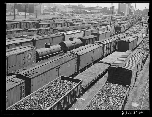 Railroad yards. Milwaukee, Wisconsin. All time records for amount of freight in yards are being set