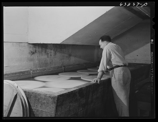 Swiss cheese in brine bath. Swiss cheese factory. Madison, Wisconsin