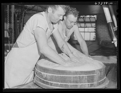 Pressing the curd into form. Swiss cheese factory. Madison, Wisconsin