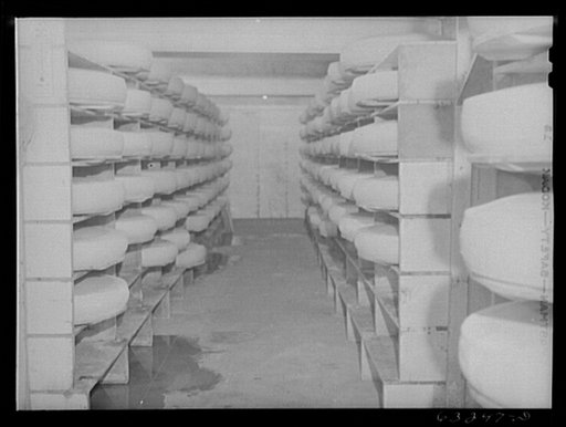 Untitled photo, possibly related to: Cheese in storage. Swiss cheese factory. Madison, Wisconsin