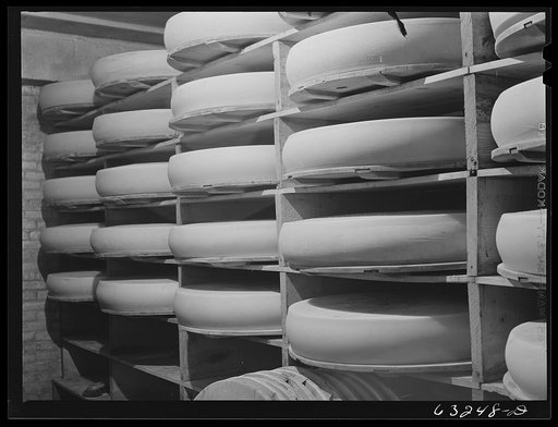 Cheese in storage. Swiss cheese factory. Madison, Wisconsin
