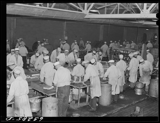 The hog cut. Belly section is removed for bacon. Packing plant, Austin, Minnesota