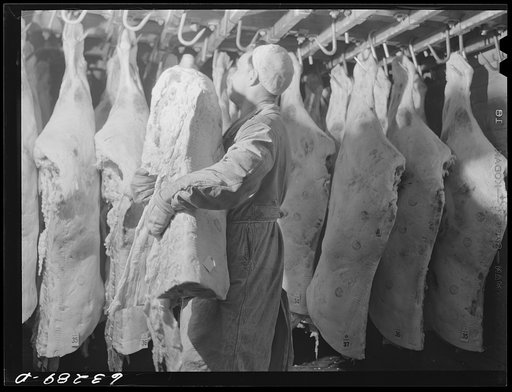 Untitled photo, possibly related to: Packing beef into freight car for shipment. Packing plant. Austin, Minnesota